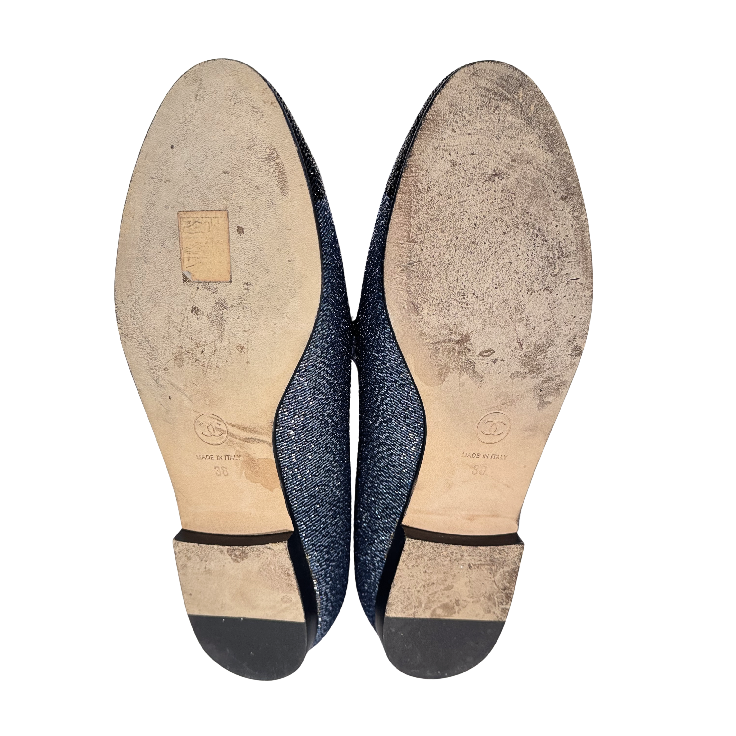 Chanel Glitter Loafers Lurex Fabric 38 Blue/Black