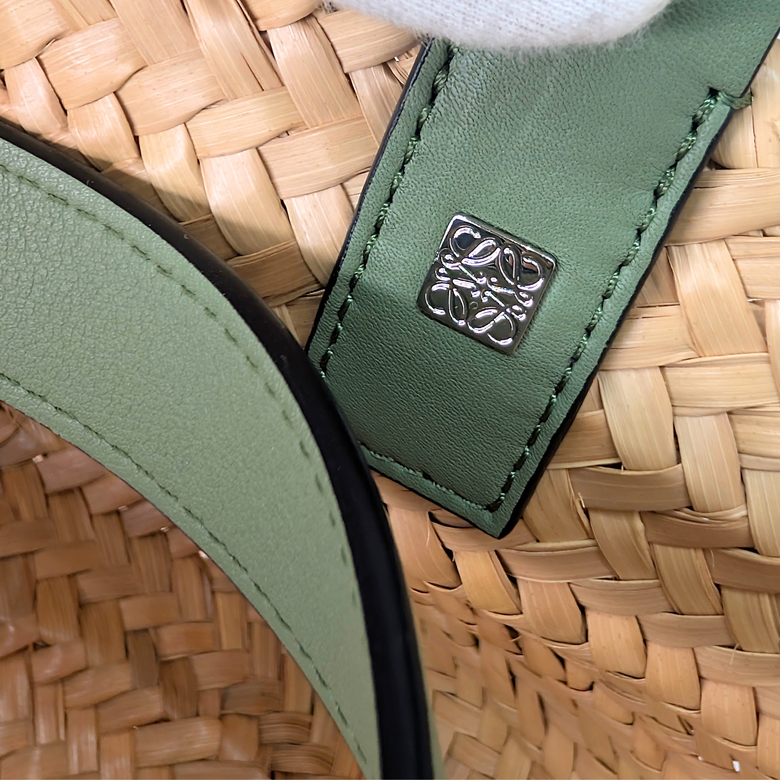 Loewe Raffia Small Basket Tote Bag Natural Green Rosemary