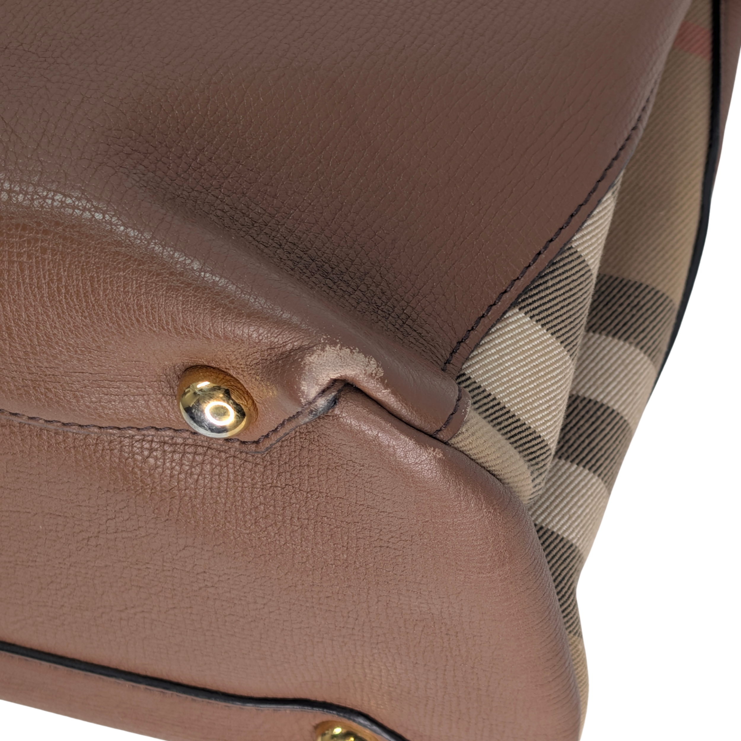 Burberry Brown Pebbled Leather House Check Medium Banner Tote Bag