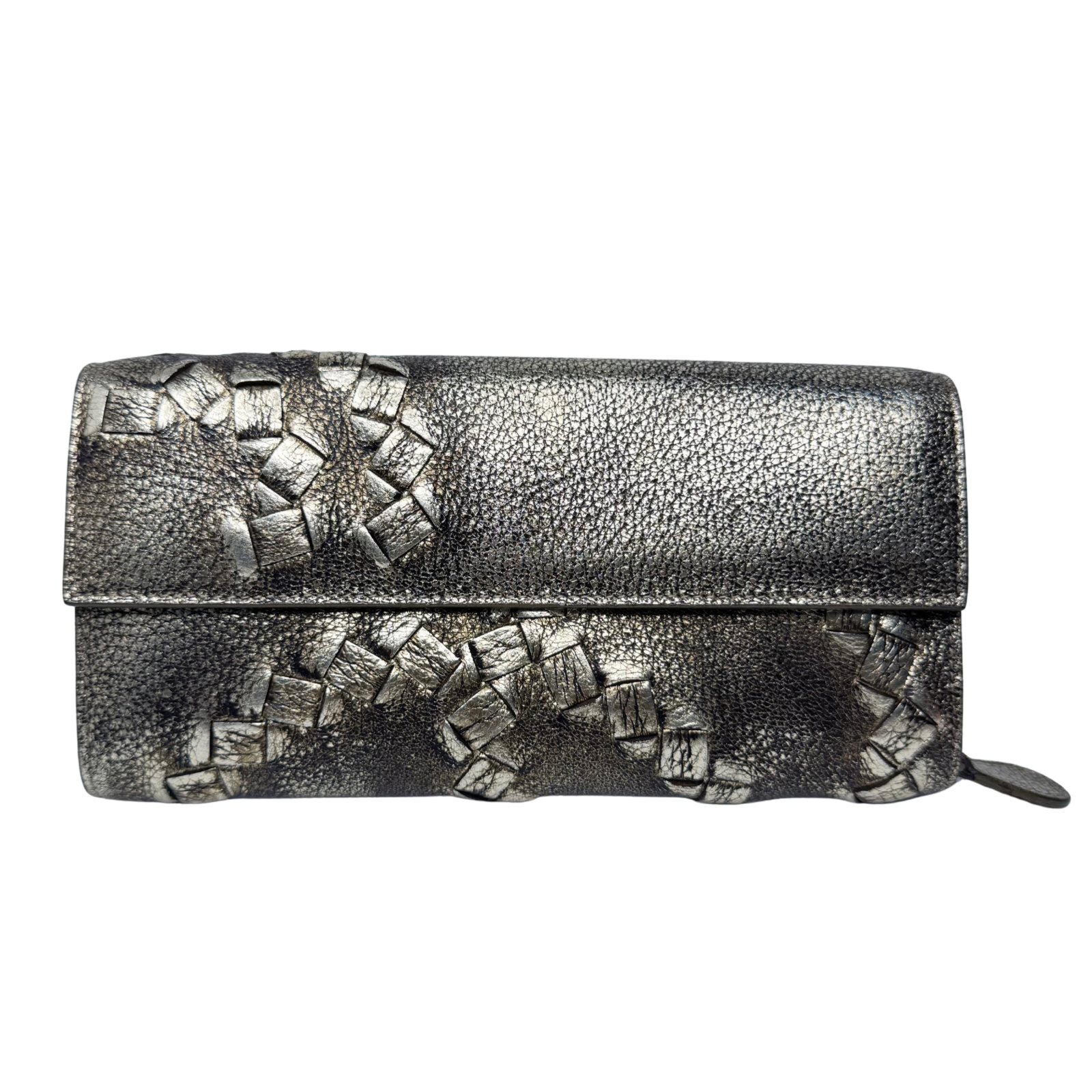 Bottega Veneta Metallic Pewter Woven and Pebbled Leather Long Wallet