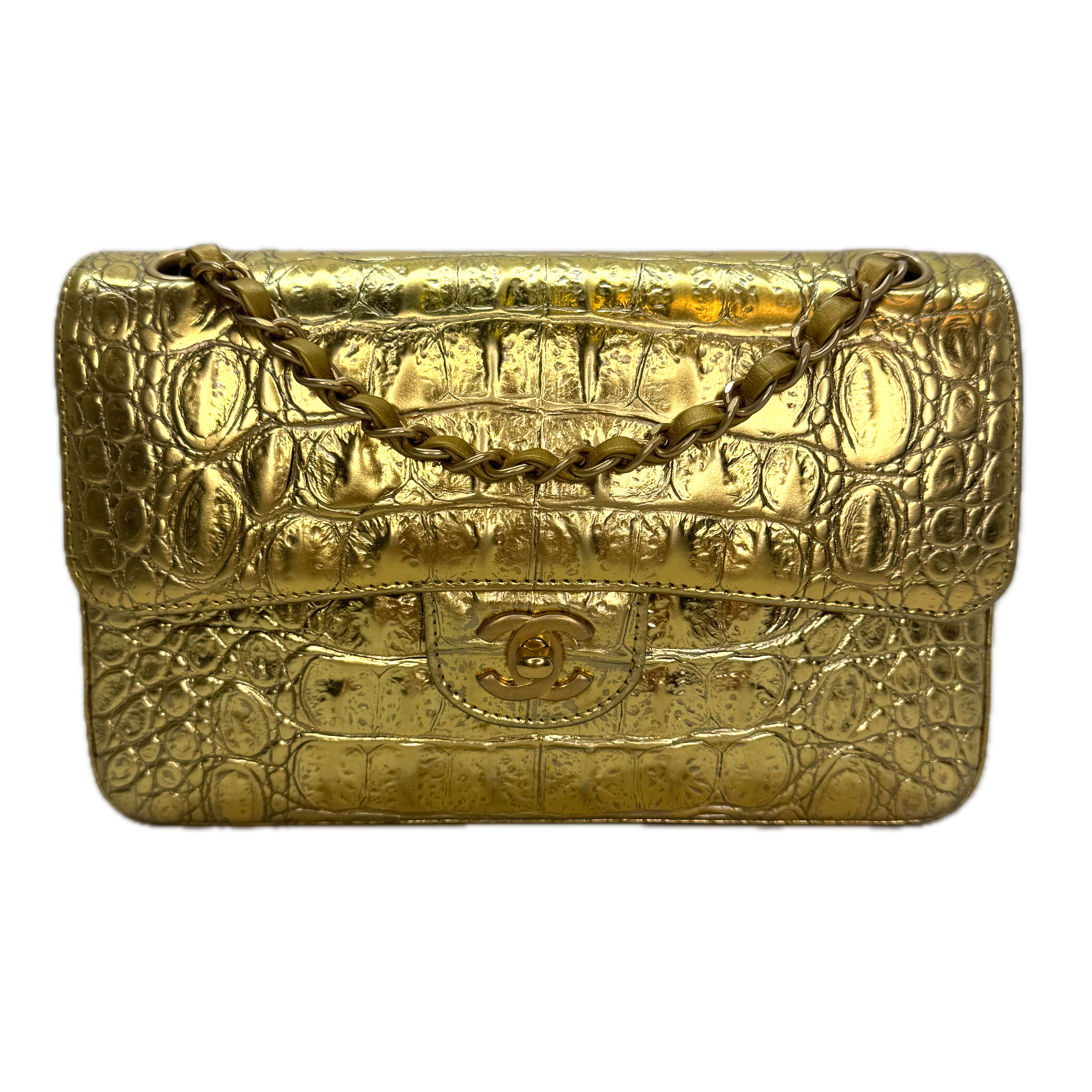 Chanel Double Flap Gold Egyptian Fall 2019 Medium embossed Crocodile Bag