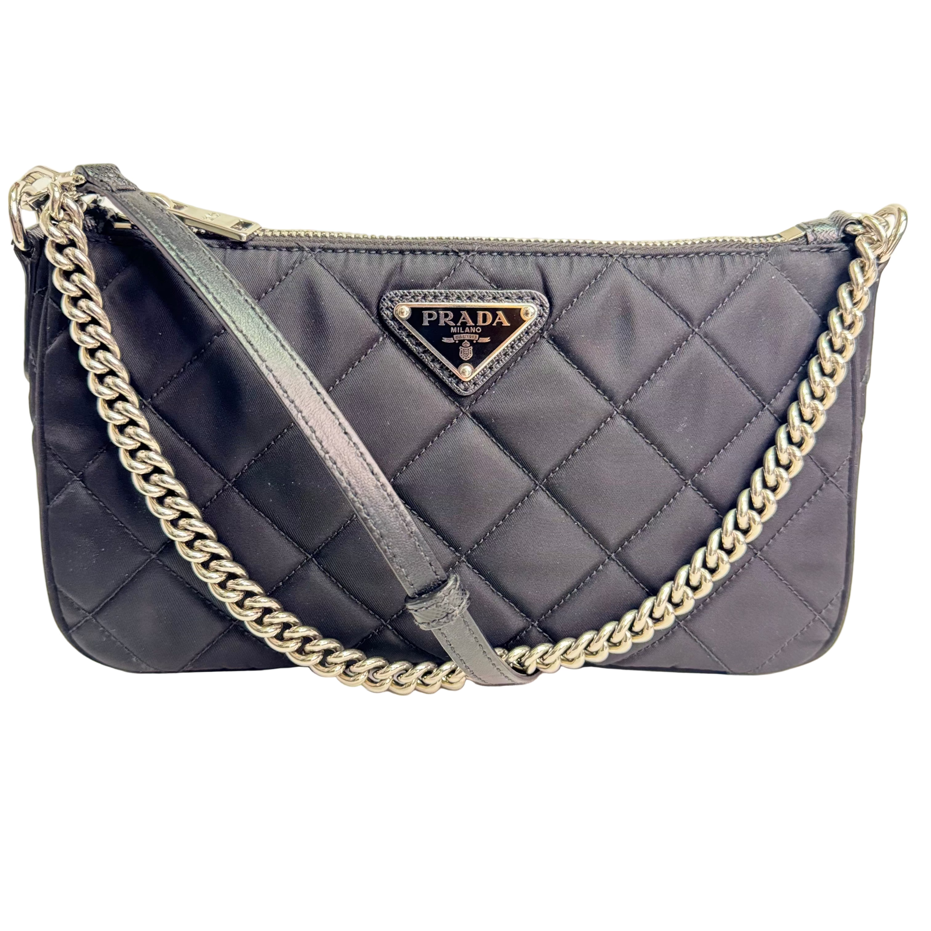 Prada Tessuto Quilted Chain Crossbody Bag Nylon Black