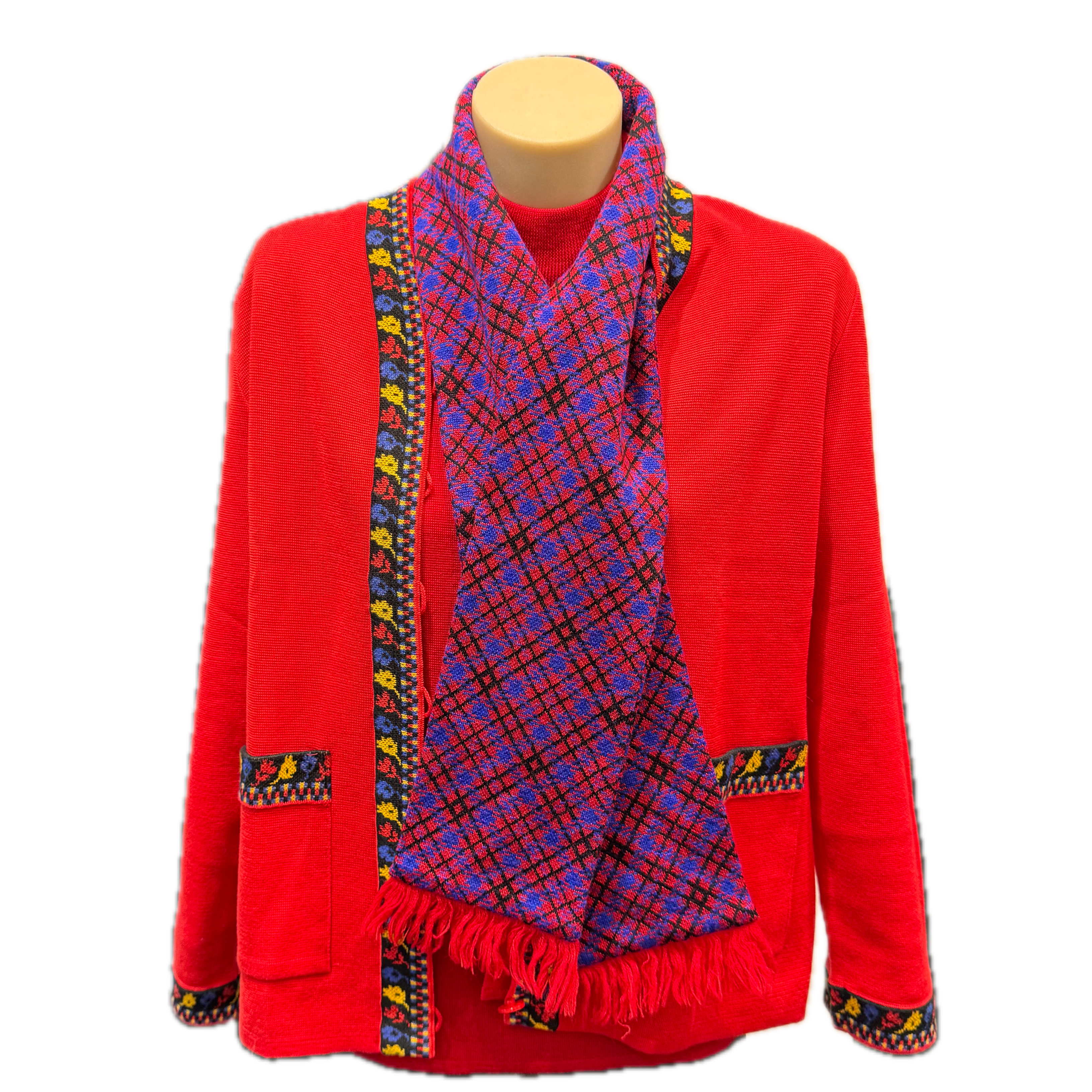YSL Knitted Cardigan, Sweater and Scarf Set Wool Red M