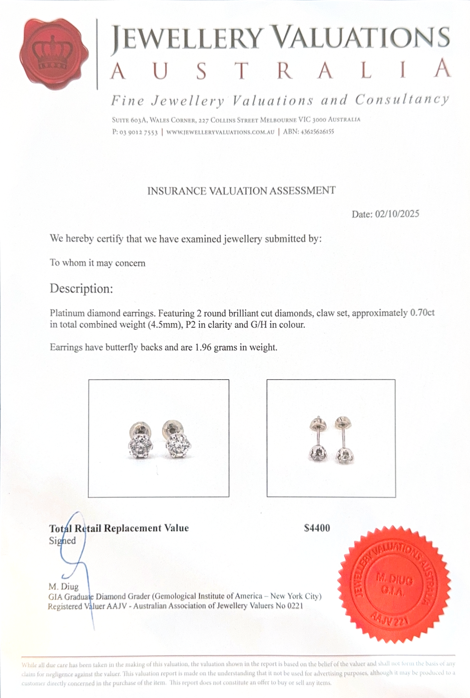 Natural Diamond Earrings .6ct Total weight on Platinum, Deal of the Day