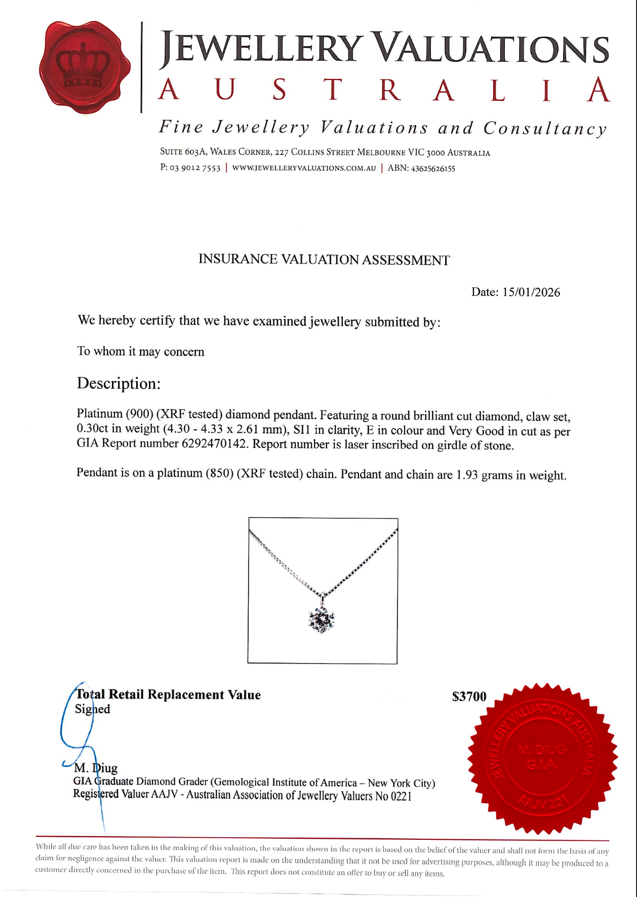 Platinum 0.30ct GIA Certified Natural Round Brilliant Diamond Pendant Necklace