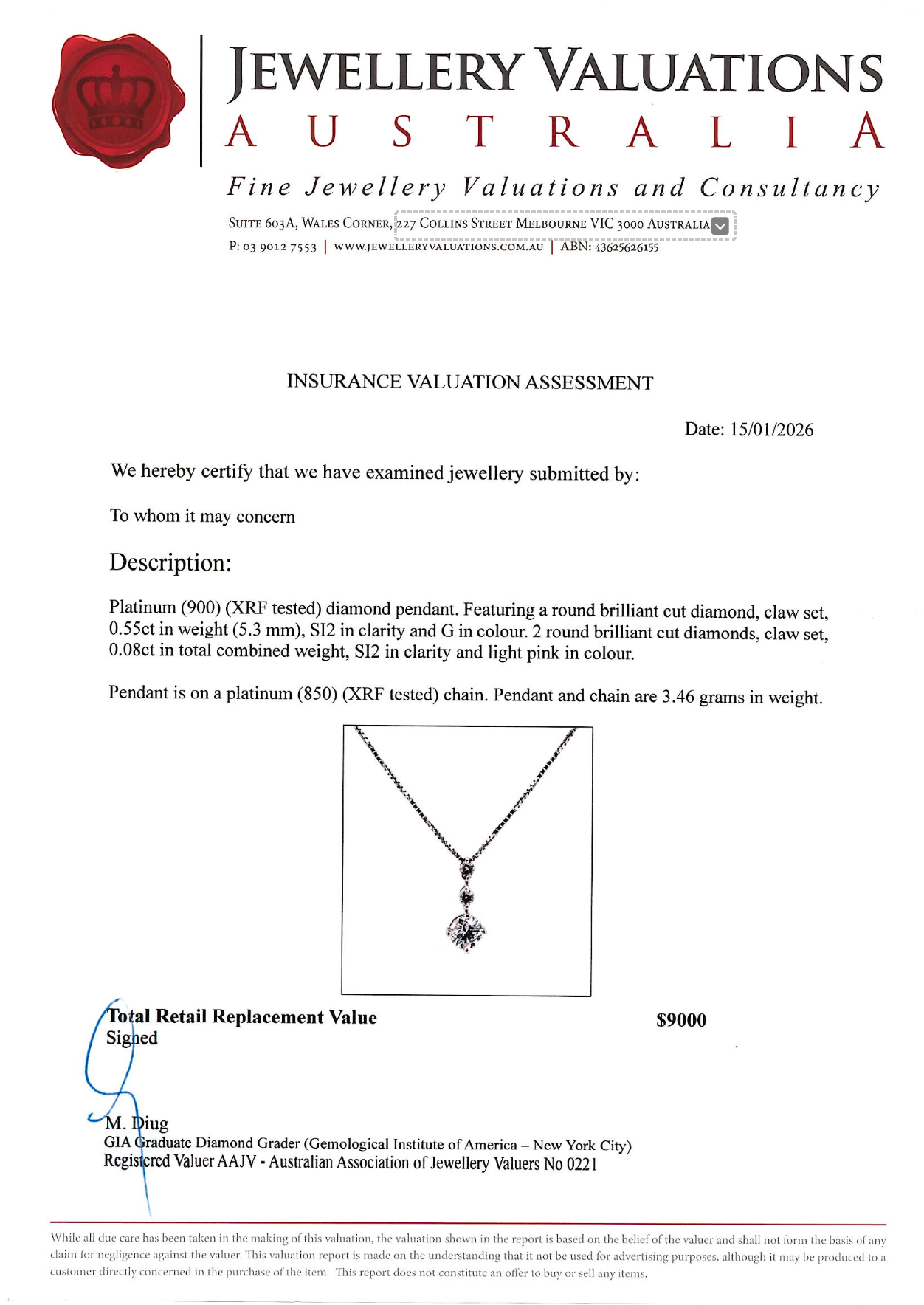 0.63Ct Natural Diamond Three-Stone Drop Pendant Necklace In Platinum