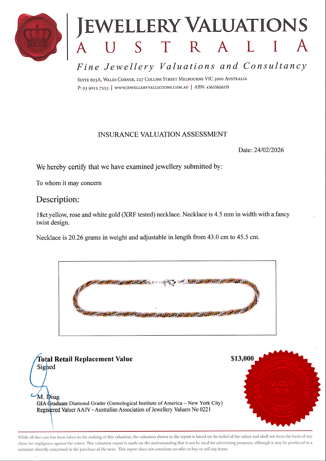 18K Tri-Colour Gold Twisted Rope Chain Necklace In White/Yellow/Rose Gold