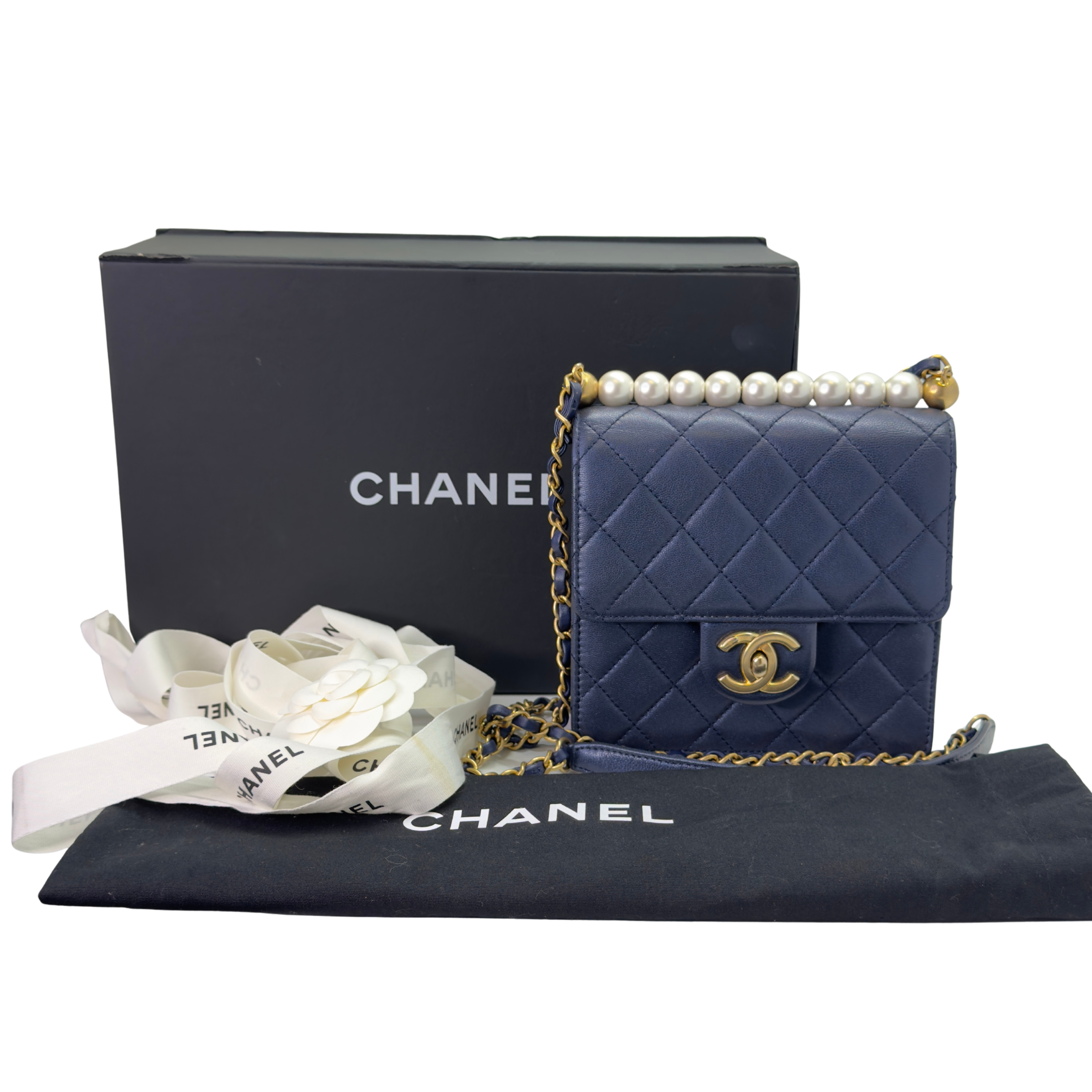 Chanel Iridescent Chic Pearls Lambskin Crossbody Bag Navy Blue