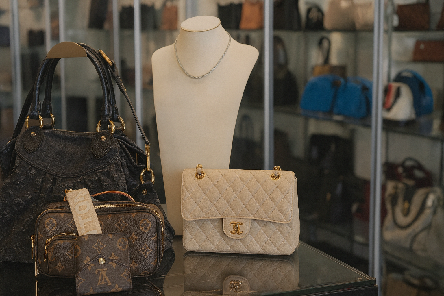Collection of handbags including a quilted beige bag, a black handbag, and a patterned handbag on a mannequin bust.