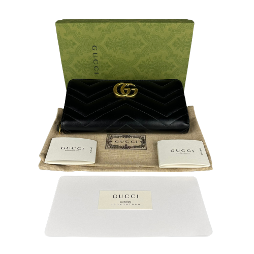 Gucci GG Marmont Zip-Around Long Wallet, Black Matelassé Chevron Leather